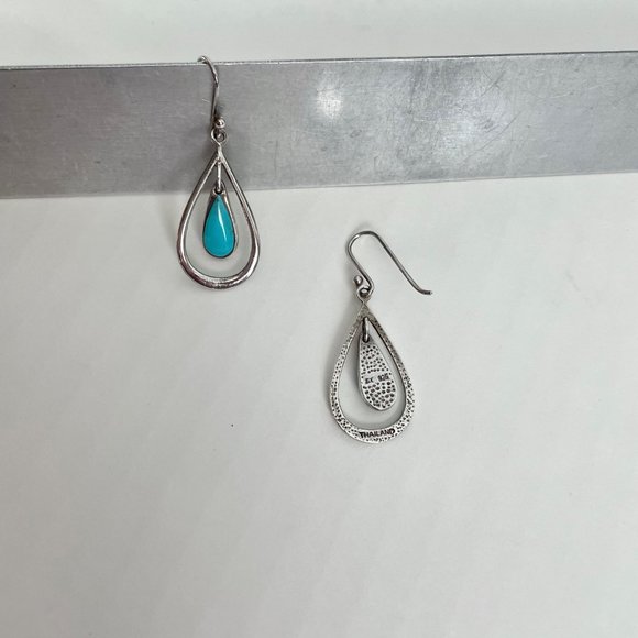 925 Sterling Silver Turquoise Earrings Dangle Drop Teardrop Signed SX Sally C - Picture 6 of 8